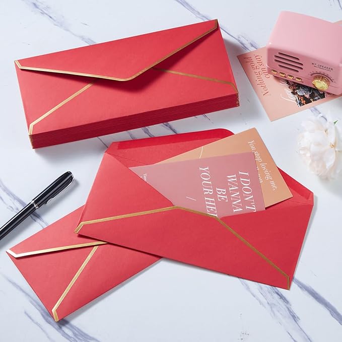 50 Pack #10 Business Envelopes with Gold Border, Self Seal Standard Envelopes with Gold Stickers for Office, Checks, Letter Mailing, Invoices, 4 1/8 x 9 1/2 Inches (Red)