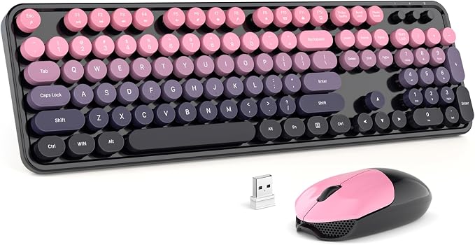 MOFII Wireless Keyboard and Mouse Combo, 2.4GHz Retro Typewriter Keyboard Full Size, Cute Wireless Mice, USB Dongle Plug and Play, for Laptop, PC, Desktop, Windows (Plum Pink Gradient Color)