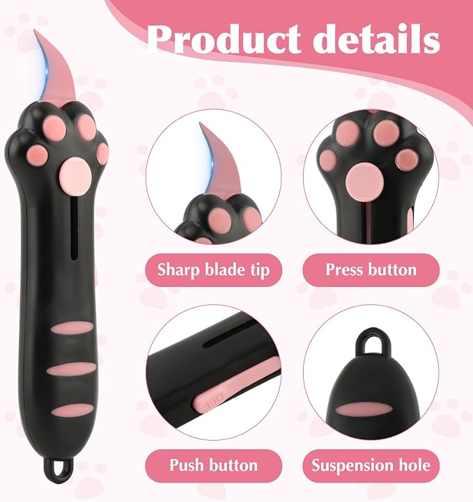 2 Pack Cat Paw Box Cutter, Portable Retractable Kitty Claw Box Cutter, Mini Utility Knife for Cats Lovers, Cute Cat Claw Knife for Effortlessly Opening Boxes, Cartons, Packages & Sealing Tape