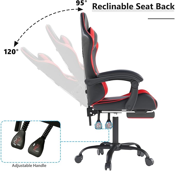 Gaming Chair with Headrest and Lumbar Support, Ergonomic High Back Office Chair, Racing Style Executive Computer Desk Chair, Leather Adjustable Swivel Task Chair for Home Office (Red Black)