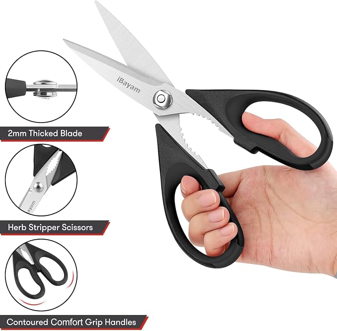 iBayam Black Kitchen Scissors - Heavy Duty Meat & Poultry Shears | Dishwasher Safe Stainless Steel Utility Scissors, 2-Pack Black Kitchen Utensils Set for New Home Essentials, Bottle Opener