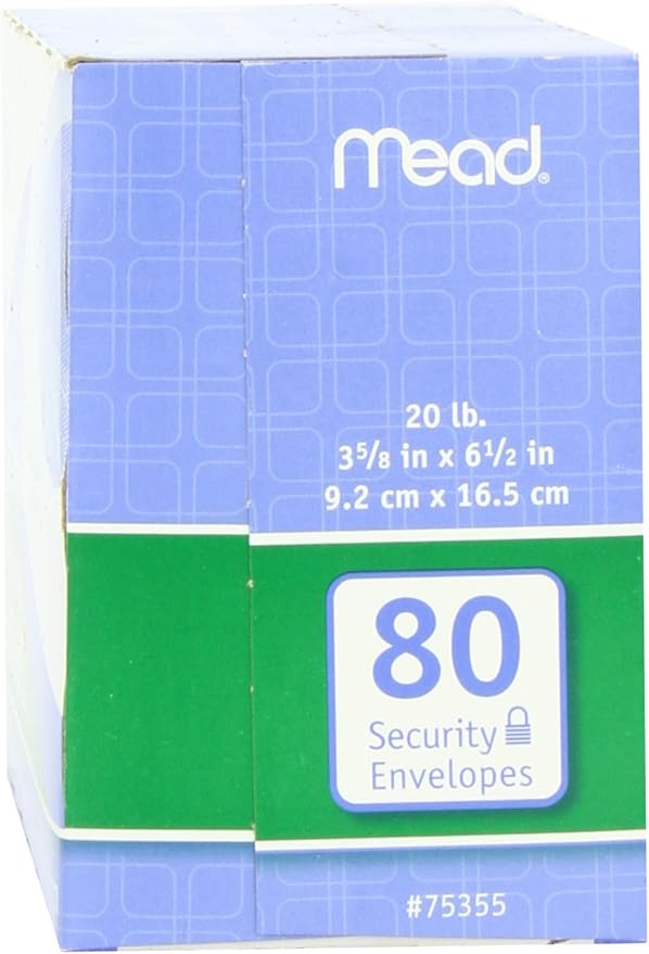 Mead #6-3/4 Envelopes, Security Printed Lining for Privacy, Gummed Closure, 3-5/8" x 6-1/2", All-Purpose 20-lb Paper, White, 80 per Box (75212) (Pack of 2)