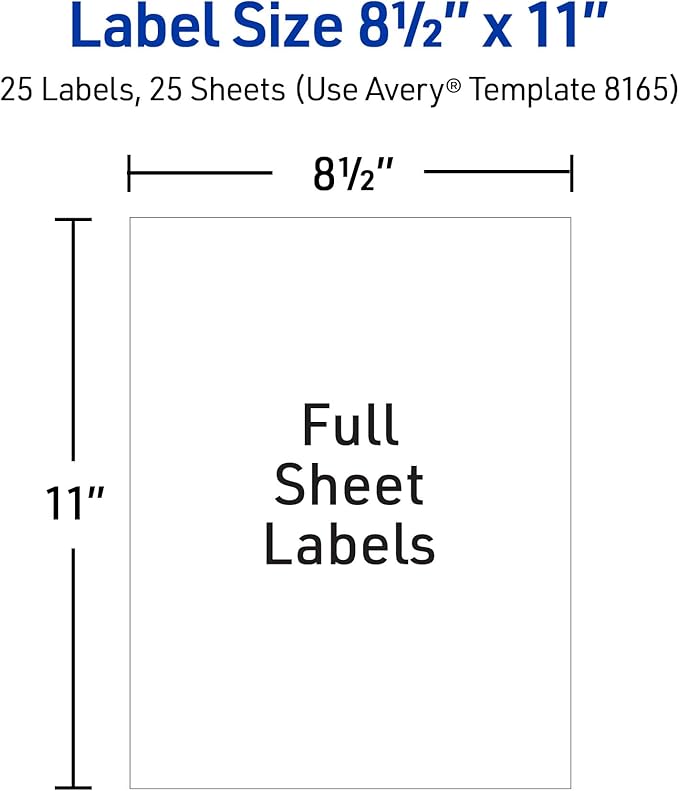 Avery Full-Sheet Printable Shipping Labels, 8.5" x 11" Customizable Stickers, White, 25 Blank Mailing Labels, Great for Mailing, Shipping, Organizing, and More (8165)