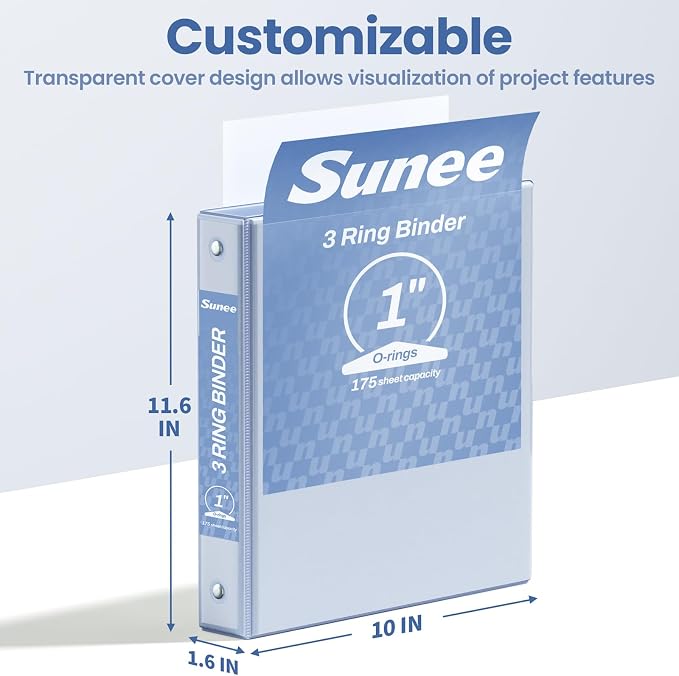 SUNEE 3 Ring Binder 1 Inch 1 Pack, Clear View Binder Three Ring PVC-Free (Fit 8.5x11 Inches) for School or Office Supplies, Haze Blue