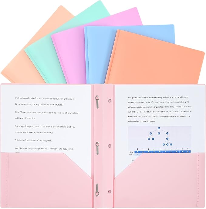 Two-Pocket-Folders with 3 Prongs, Letter Size Plastic Folders with Pockets and Prongs, Poly Plastic Folders for Office & School. 6 Pastel Colors (Pastel Color)