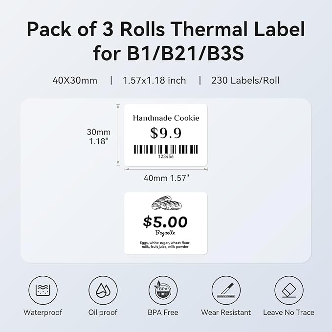 NIIMBOT 3 Rolls Set Label for B1/B21/B3S Label Printer, 1.57" x 1.18" (40×30 mm),Waterproof Labels for Mason Jar/Pantry Kitchen Organization (White
