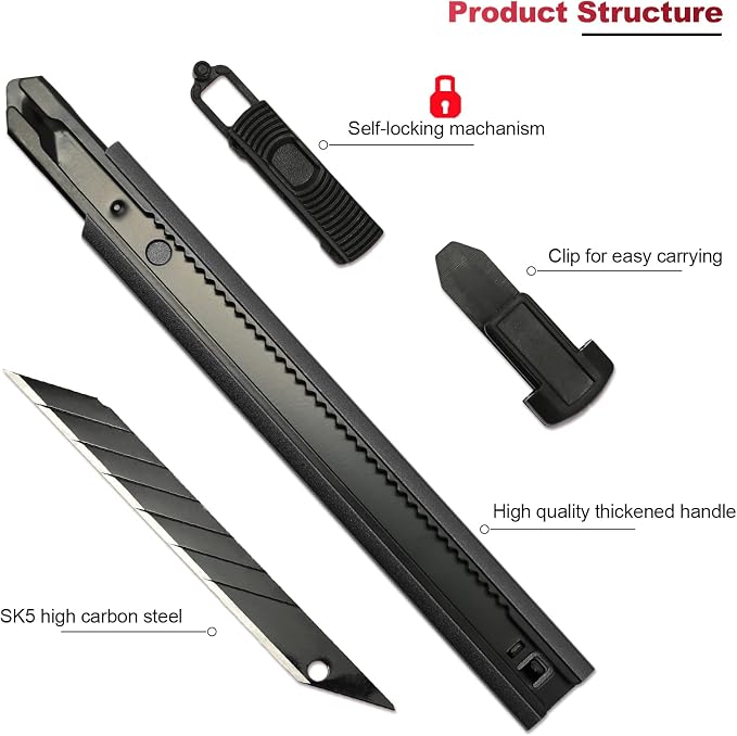 FOSHIO Retractable Utility Knife with 30 Degree Snap Off Blade 9MM, Box Cutter for Carton, Cardboard and Box, Office, Home Use, 3 Pack Black Aluminum Handle Knife with Extra 30 Replacement Blades