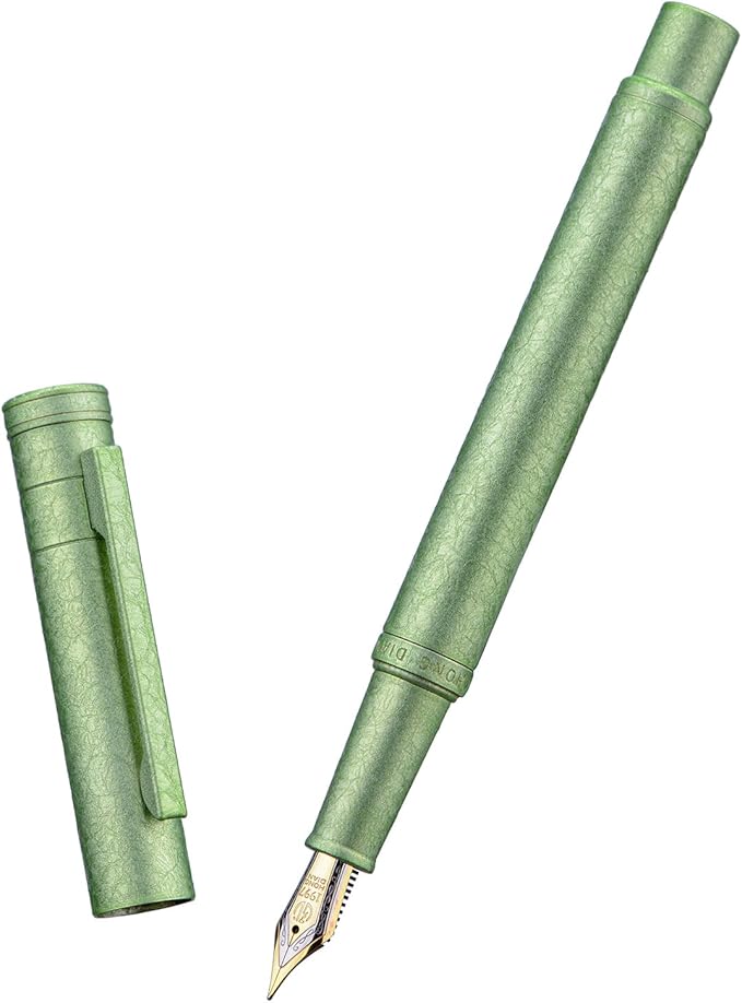 Hongdian 1851 Forest Fountain Pen Applegreen Ice Flowers, Bent Nib Classic Design with Converter and Metal Pen Case