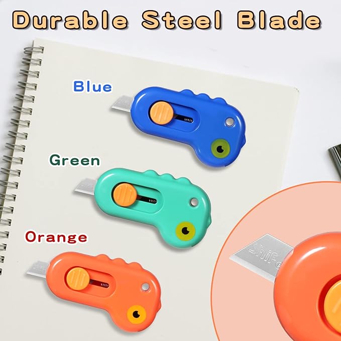 Harita Box Cutter Utility Knife Mini Retractable Lanyard Hole, Alloy Steel Blade, 6 Piece, Lightweight Letter Opener, Cute Animal Shaped Dinosaur
