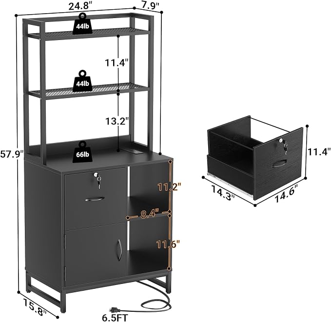 Vertical Filing Cabinet with Bookshelf for Home Office, Black | File Cabinet with Shelves, Lock & Charging Station, Drawer Office File Cabinets with Printer Stand, fits Letter Size