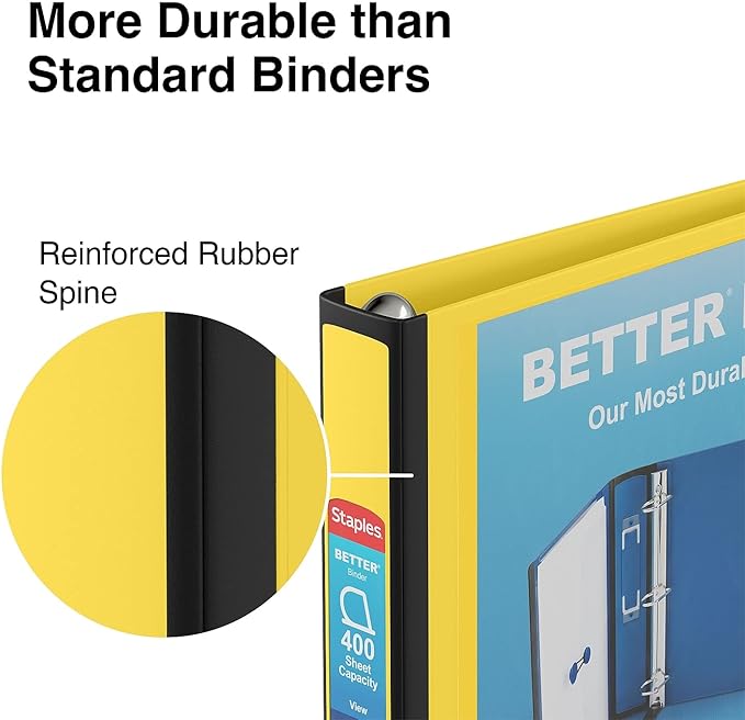 Staples Better Binder 1.5-Inch D-Ring View Binder, Reinforced Spine, Holds Up to 350 Sheets, Yellow, for Office & School