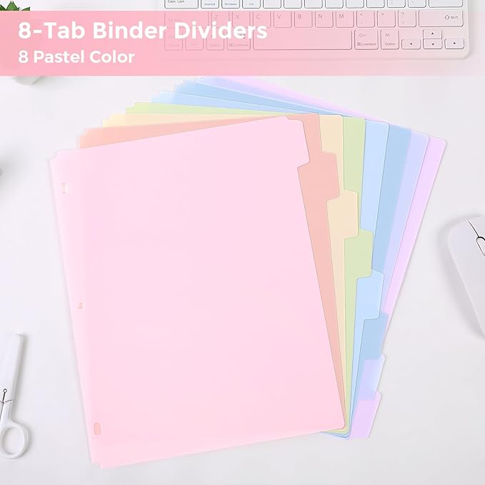 SKYDUE 8 Tab Write & Erase Durable Plastic Dividers for 3 Ring Binders | Binder Dividers for Letter Size, Aesthetic Pastels Binder Divider Organizers for Student, Teacher, Office, 1 Set