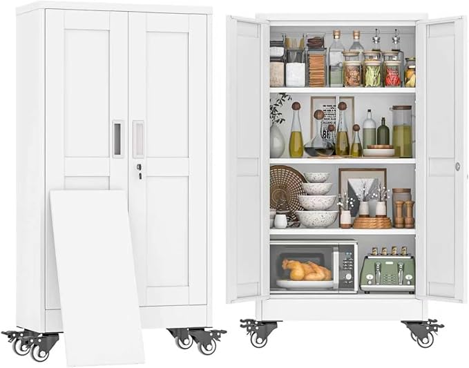 47" Metal Garage Storage Locker Cabinet with Wheels,Rolling White Kitchen Pantry Cabinet with 2 Doors and 3 Adjustable Shelves, Steel File Tool Cabinet for Home Office Living Dinning Room Warehouse