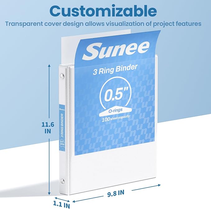 SUNEE 1/2 Inch Binders 3 Ring 12 Pack Bulk, 3 Ring Binders Clear View PVC-Free (Fit 8.5x11 Inches) for School or Office Supplies, White