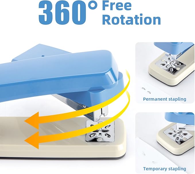Deli/EZWORK Swing-Arm Swivel Stapler, 25 Sheets Capacity, 360 Degree Rotate Desk Staplers with 1000 Staples for Booklet or Book Binding, Blue+White
