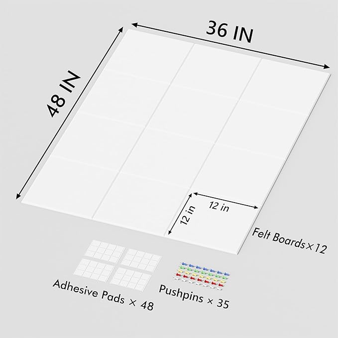 Large Cork Board for Wall, 48" x 36" Bulletin Board with Pushpins, 12 Panels Felt Tiles Tack Push Pin Board for Office, White