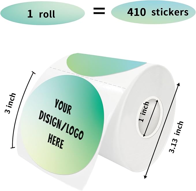 Green Round self-adhesive Sticker Labels - 3 inch Diameter, 410 Multi-purpose Thermal Labels, Roll for DIY Design, QR Code, Name Tags