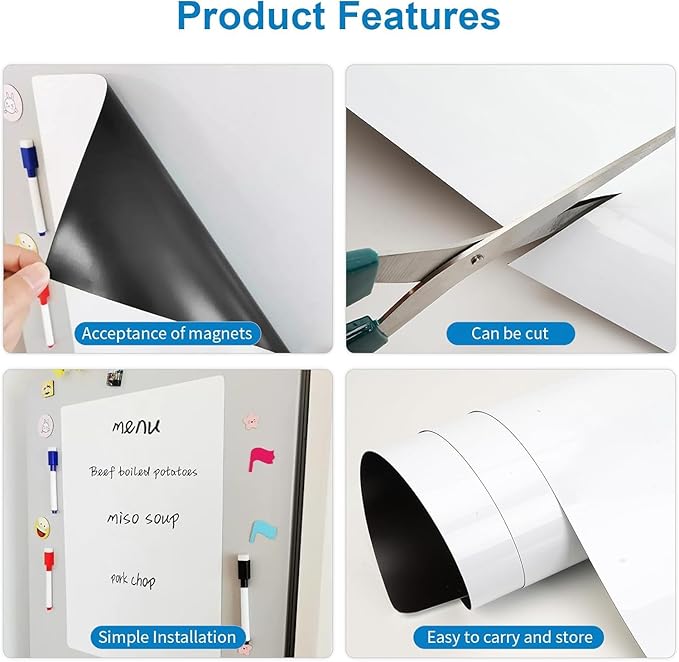 Magnetic Fridge White Board Paper, 40" x 30" Large Dry Erase Board Sheet for Organizer and Planner, Kitchen Refrigerator Whiteboard for Family to-do List, Includes Markers and Eraser