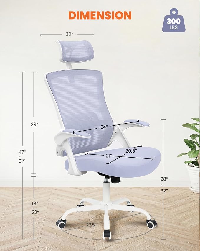 NEO CHAIR Office Chair with Adjustable Ergonomic Lumbar Headrest, Purple | Ergonomic Mesh Back Support with a Height-Adjustable Headrest and Flip-Up Armrests for All-Day Office and Computer Work