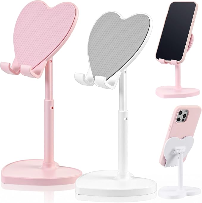 Kathfly 2 Pack Cute Phone Stand, Adjustable Heart Phone Stand for Desk, Kawaii Holder Desk Accessories Heart Gifts Favor for Girl Women