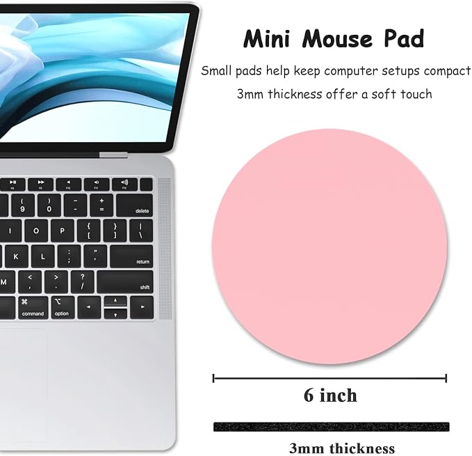 Dapesuom Small Mouse Pad, 6 x 6 Inch Thick Rubber Premium-Textured Non-Slip Portable & Washable Round Mini Mouse Mat for Women Wireless Laptops Keyboard Tray Gaming Work Computer Office Travel, Pink