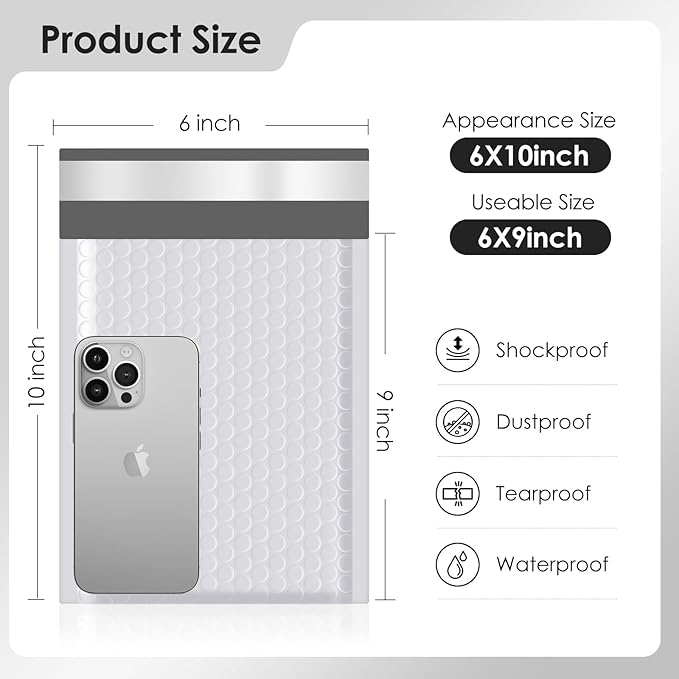packbabol Bubble Mailers 6x10" 50 Pack Grey and White Padded Envelopes Mailers Waterproof Usable Size 6x9 Self-Seal Padded Mailing Envelopes Bubble Opaque Padded Mailer for Small Businesses，#0