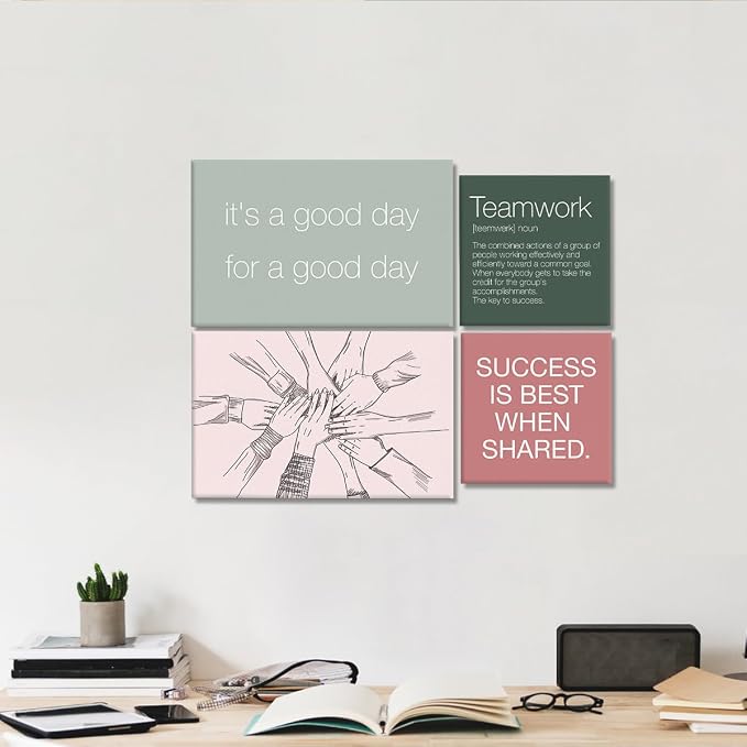 YEOION Inspirational Office Wall Art for Women,Motivational Teamwork Wall Decor for Office,Light Pink and Green Postive Quote Workplace Canvas Wall Art for Set of 6