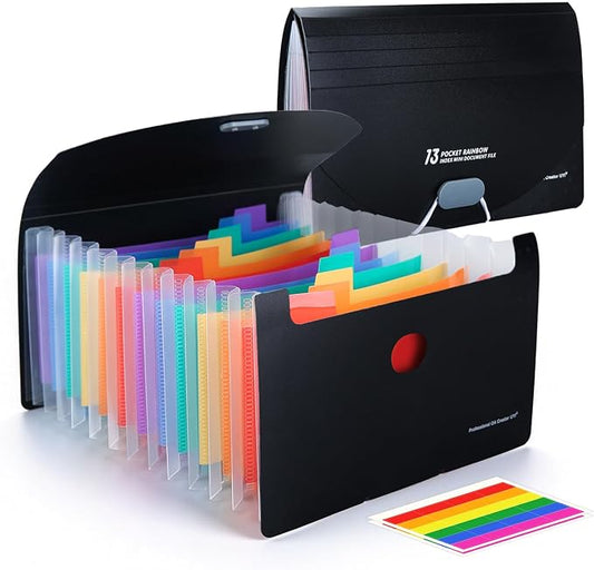 2 Pack 13 Pocket A6 Accordion File Folder with Strap | Portable Expanding Document Organizer, Multi-Pocket Rainbow Filing Wallet for Receipts, Cards, Notes, Office & School Use