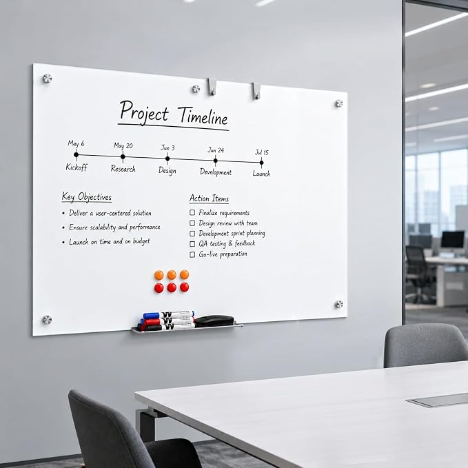 MaxGear Glass Whiteboard Tempered Glass Magnetic Dry Erase Board 60" x 40" | Tempered Glass, Sleek Modern Design, Smooth Writing, Easy Erase, Magnetic Surface, Frameless Design, Wall Mounted, Office Use