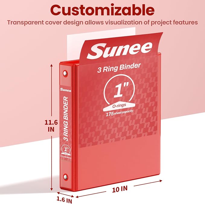 SUNEE 1 Inch Binders 3 Ring 6 Pack, Clear View Three Ring Binders PVC-Free (Fit 8.5x11 Inches) for School Binder or Office Binder Supplies, Classic 6 Colors