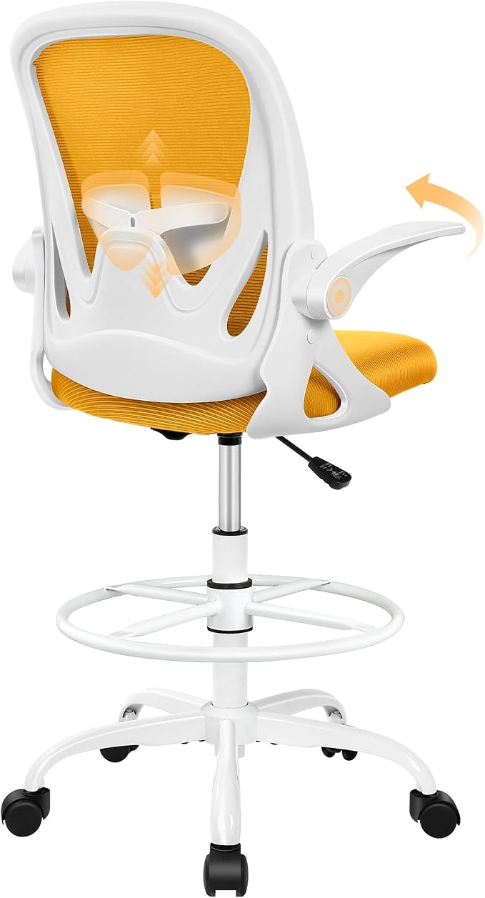 Drafting Chair Tall Office Chair with Flip-up Armrests Executive Ergonomic Computer Standing Desk Chair with Lumbar Support and Adjustable Footrest Ring (Mustard)