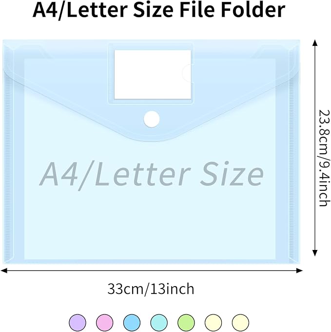 EOOUT 45pcs Plastic Envelopes, Plastic File Folders for Documents, A4 Size Hook & Loop Closure Poly Folders with Label Pocket for School and Office Supplies