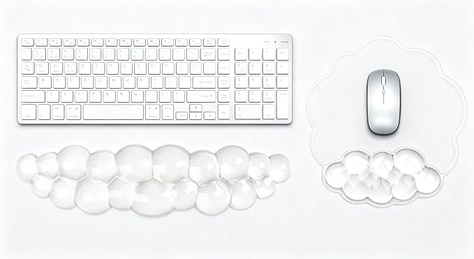 Mouse Pad with Wrist Rest, Soft Cloud Gel Keyboard Mouse Pad Set with Hand Wrist Support, Cute Non Slip Office Desk Accessories for Comfort/Pain Relief/Computer/Laptop (2Pc Clear Cloud)