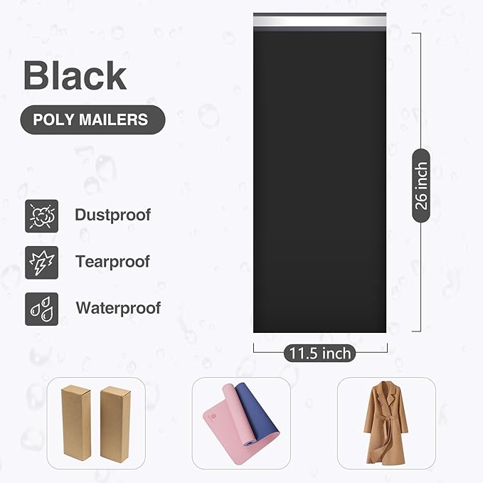 UCGOU 11.5x26 Long Poly Mailers Black Shipping Bags Self-Sealing Waterproof and Tear-Proof Shipping Envelope for Small Business Envelopes Bag for Unique Items Long Mailers Poly Bags 50 Pack