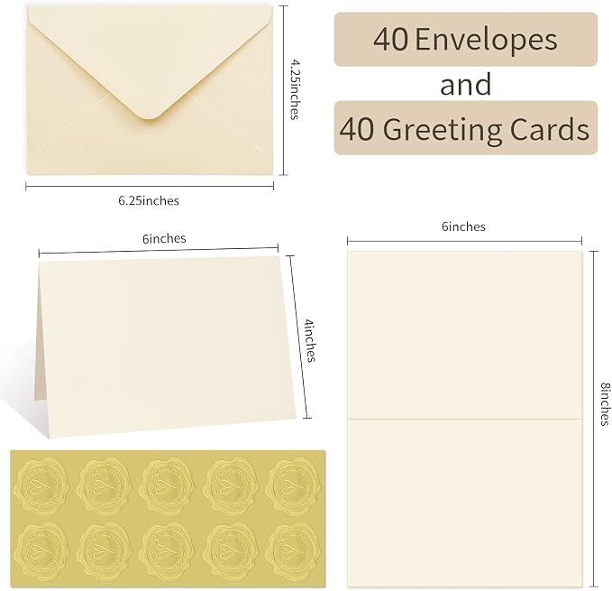 40 Pack Blank Cards and Envelopes 4x6 Cream, A4 Invitation Envelopes | A4 Folded Cardstock and Envelopes for Wedding, Note Card, DIY Greeting Cards,Thank you Cards, Birthday Christmas Invitations