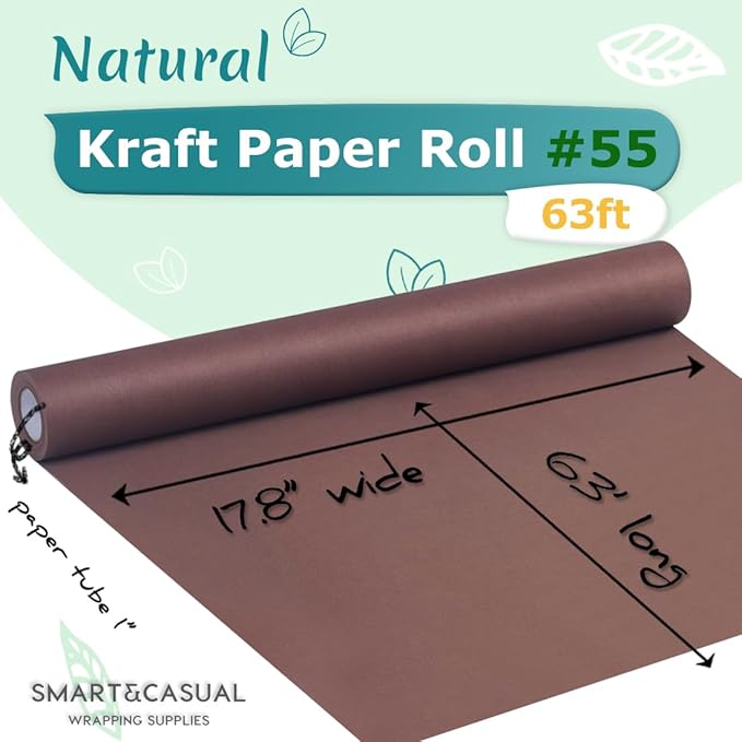 SMART&CASUAL 17.8" x 760" (63') Coffee Kraft Craft Paper Roll for Gift Wrapping Bulletin Board Bouquet Flower Kids Art Packing Parcel Table Covering 80GSM 55LB (Coffee, 17.8" x 63')