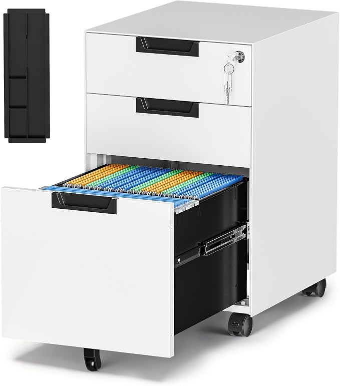 Mobile File Cabinet,3 Drawer Locking Storage Filing Cabinet,Office Metal Storage Cabinet on Wheels for Legal/Letter/A4 File(Fully Assembled，White)