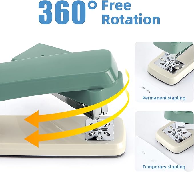 Deli/EZWORK Swing-Arm Swivel Stapler, 25 Sheets Capacity, 360 Degree Rotate Desk Staplers with 1000 Staples for Booklet or Book Binding, Green+White
