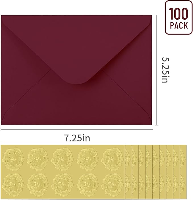 50 PCS Burgundy Colorful A7 Envelopes with Stickers, 5x7 Envelopes for Greeting Cards, Great for Invitations, Wedding Invitation, Birthday, Baby Shower, Graduation