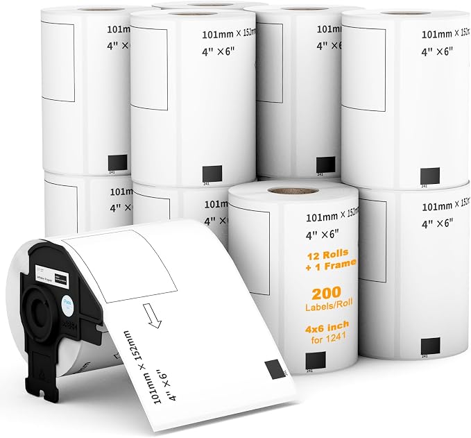 Compatible 4" x 6"(101mm x 152mm) Direct Thermal Labels Replacement for DK-1241 Shipping Mailing Postage Address Compatible for Brother QL Printer (12 Rolls + 1 Frame, 200 Labels/Roll)