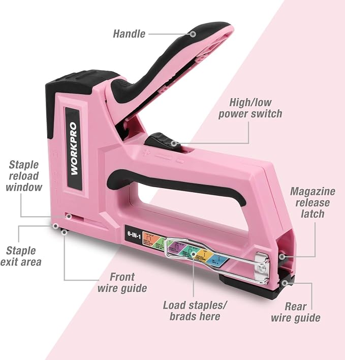 WORKPRO Staple Gun, 6-in-1 Manual Brad Nailer with 4000 Counts Staples | Upholstery Stapler Nail Gun for Fixing Material, Decoration, Carpentry, Furniture, Doors and Windows - Pink Ribbon