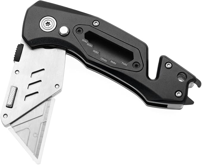 Utility Knife Folding Safety Lock Quick Change with 10 Extra SK5 Replacement Blade Lightweight Aluminum Handle & Pocket Clip Multi-Use Box Cutter Office Home Art Diy Great Gift Choice (Upg V. Black)