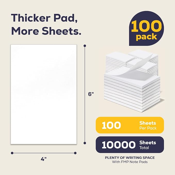 FMP Brands 100 Pack (Total 10000 Sheets) Note Pads 4x6, 100 Sheets Per Memo Pad, Server Note Pad, White Waitress Server Note Pads, Writing Scratch Paper, Pads of Paper, To Do List Small Note Pad