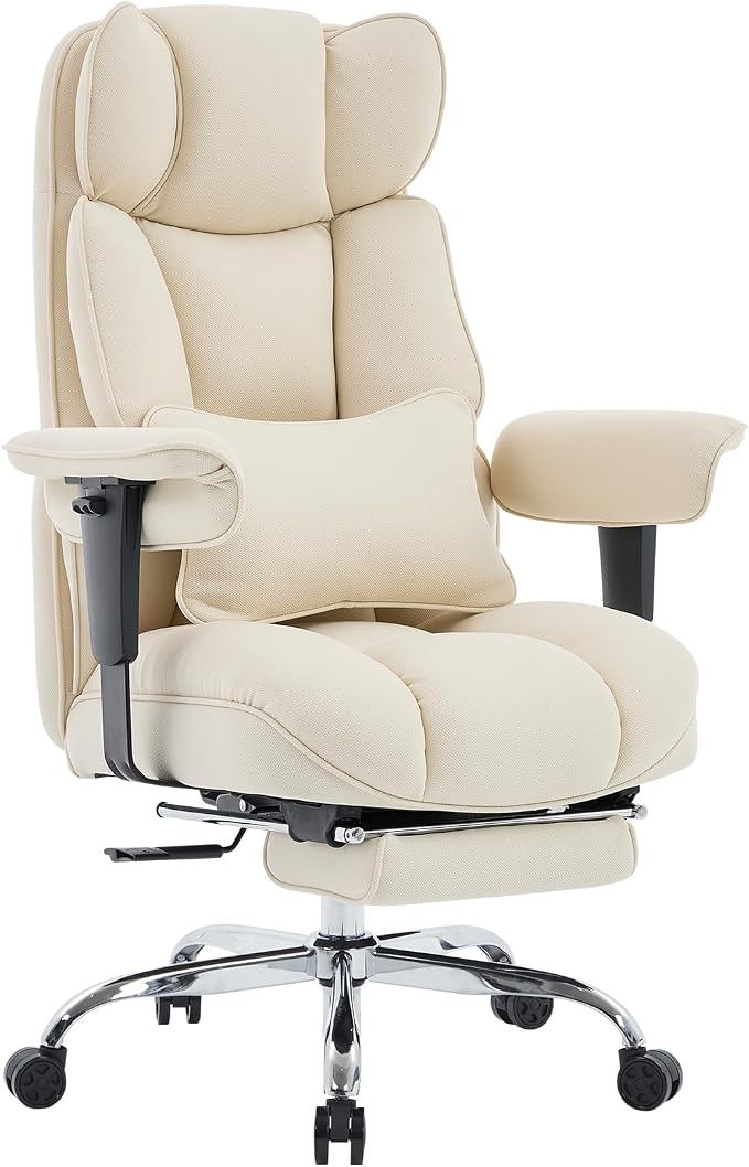 Efomao Executive Office Chair, Beige Fabric Big and Tall Desk Chair | Breathable fabric, pocket spring & foam seat, retractable footrest, 135° recline for computer gaming setup
