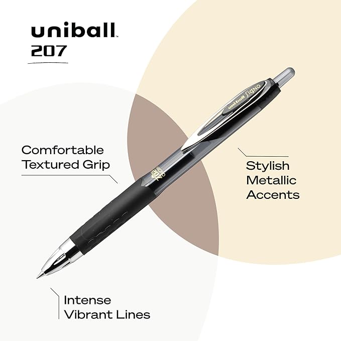 Uni-Ball® 207â„¢ Retractable Fraud Prevention Gel Pens, Micro Point, 0.5 mm, Black Barrels, Black Ink, (Pack of 12)