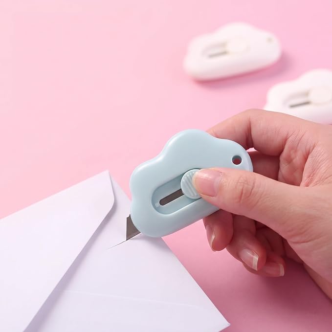 6 Pack Cloud Retractable Box Cutters Mini Package Openers | 6PCS cloud-shaped mini box cutters place compact package openers across home office desk craft travel or daily mail routines