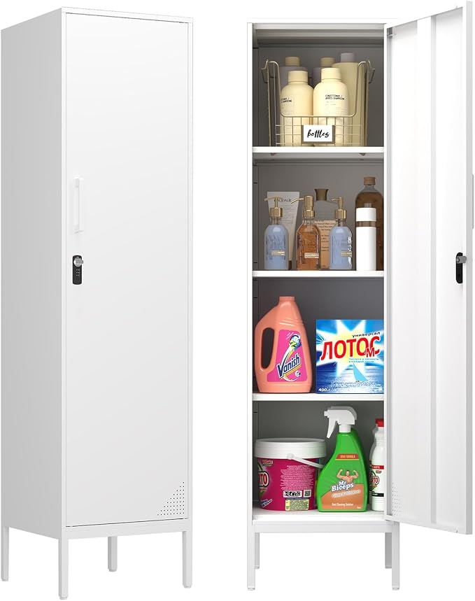 White Metal Locker Cabinet, 59.1" Lockable Storage Locker for Employees with Adjustable Shelves, Locking File Cabinet Door for Office, School, Gym, Garage