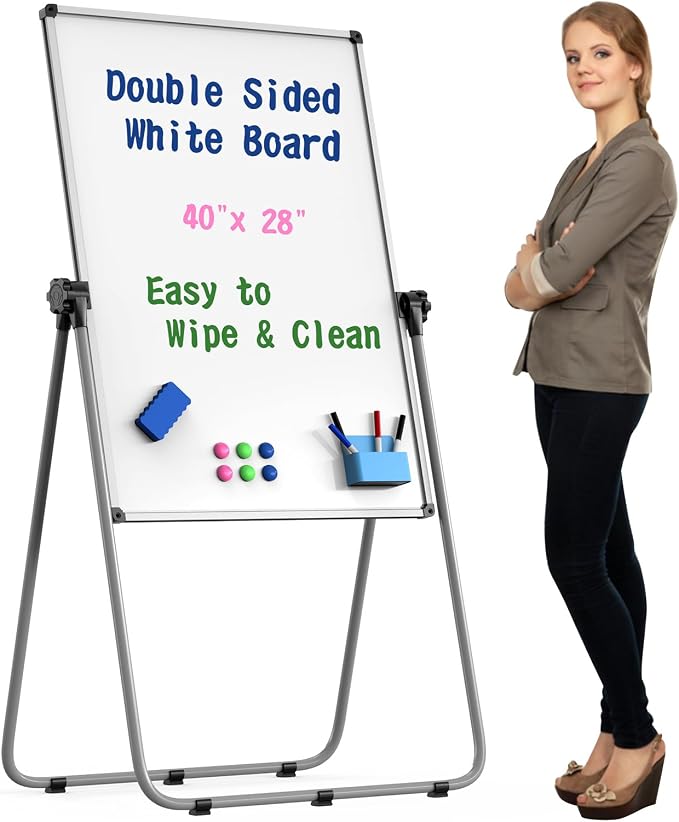 40x28 Whiteboard Easel, Height Adjustable Magnetic Dry Erase Board | Double Sided Magnetic Surface, 40-71 in Height, 360° Rotation, Foldable Aluminum Frame for Home, Office, School and Meetings