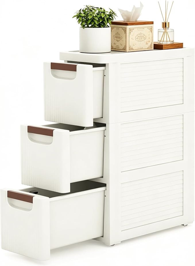 3 Drawers Narrow Bathroom Storage Cabinet, Slim Storage Cabinet, Plastic Slim Storage Cart Drawers for Small Spaces, Laundry, Office, Home, White