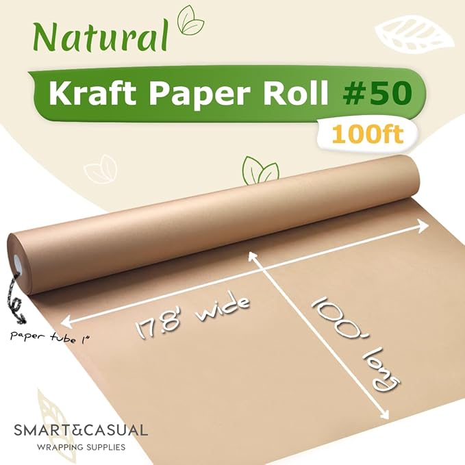 SMART&CASUAL Brown Wrapping Paper Roll 17.8"×1,200"(100') Kraft Paper for Craft Gift Bulletin Board Banner Bouquet Flower Table Covering Packing Shipping Moving 70GSM 50LB(Brown, 17.8" x 1,200")